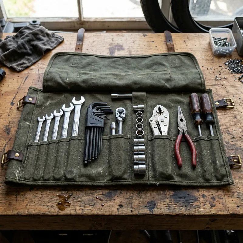 Adventure motorcycle tool roll with metric sockets and wrenches laid out