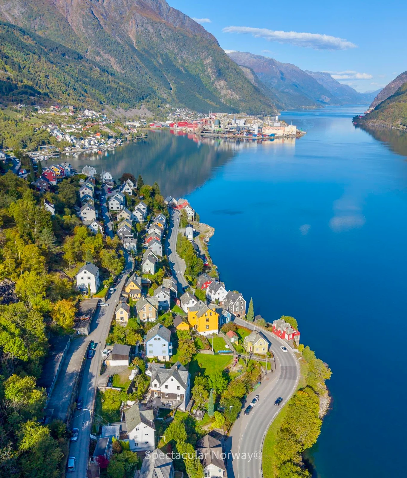 Motorcycle beside the Hardangerfjord with orchards and mountains
