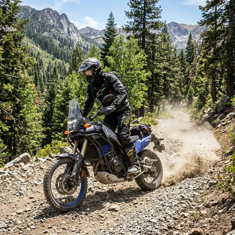An adventure motorcycle rider standing on pegs on a dusty gravel trail