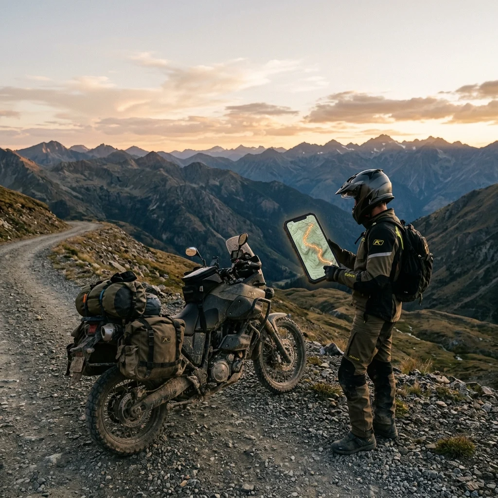 Adventure motorcyclist stopped at a mountain viewpoint at dusk, checking a glowing offline topographic map on a phone beside a loaded adventure bike, with no towns or cell coverage in the valley behind
