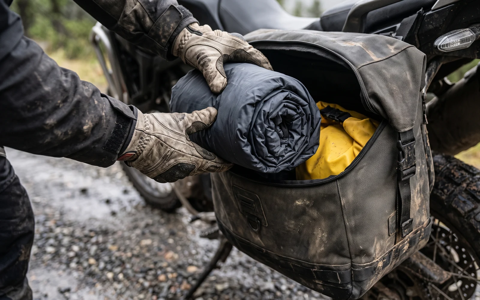 A packable rain suit rolled into a compact bundle being packed into a soft motorcycle pannier alongside a dry bag