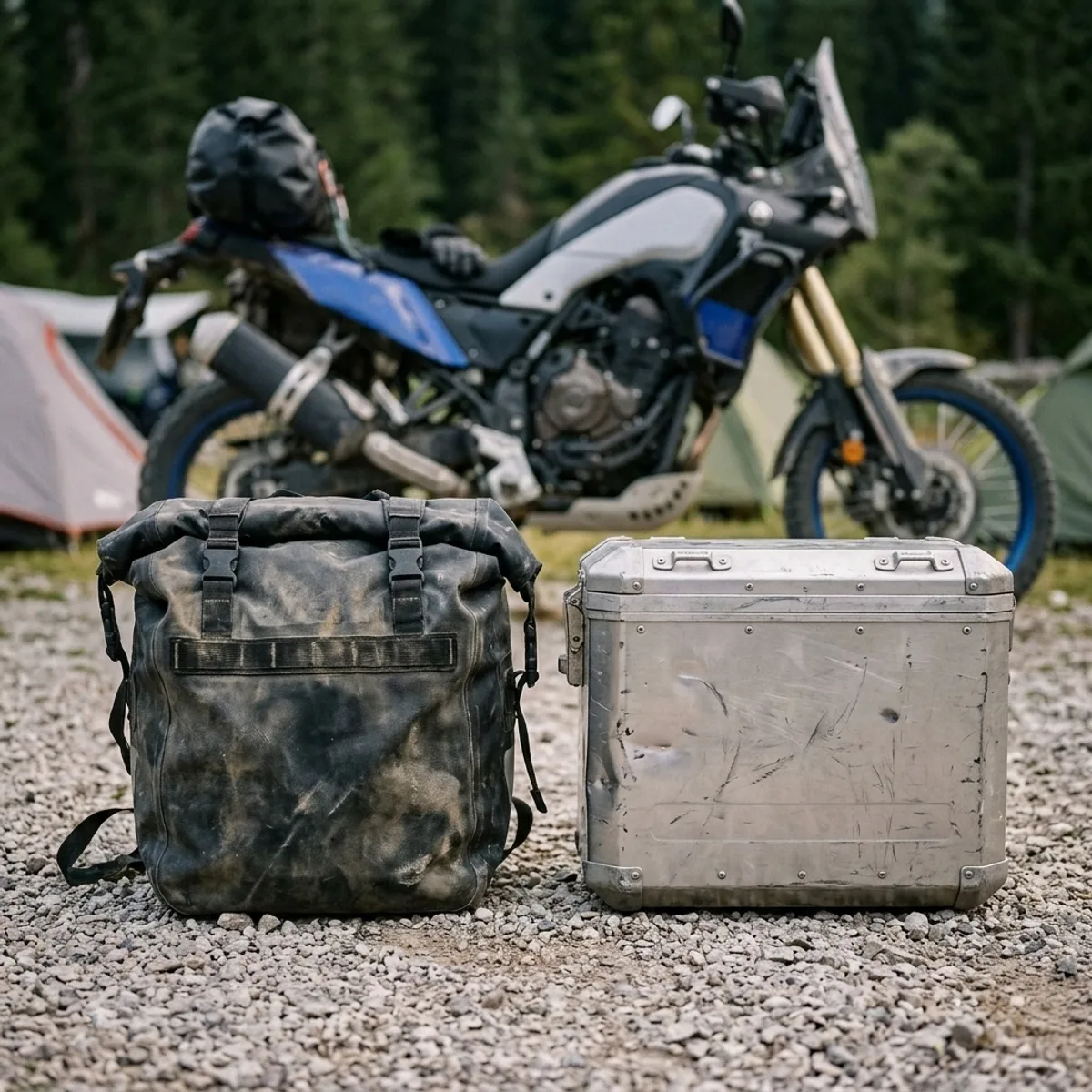 A weathered soft pannier and a scratched aluminium hard pannier side by side at a campsite, loaded adventure bike behind