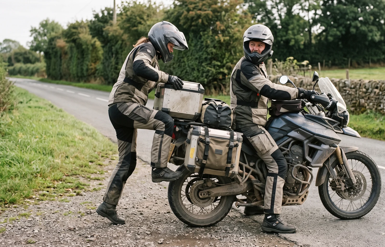 A geared-up passenger mounting a loaded adventure motorcycle via the pillion footpeg while the rider holds the bike upright with both feet down