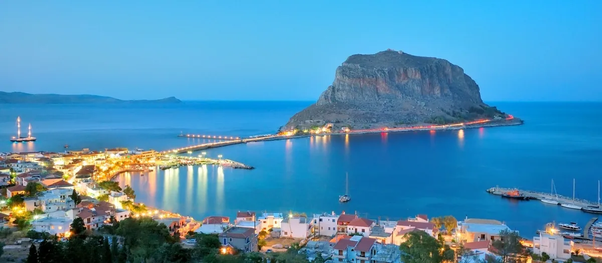 The fortified town of Monemvasia built into its seaward rock