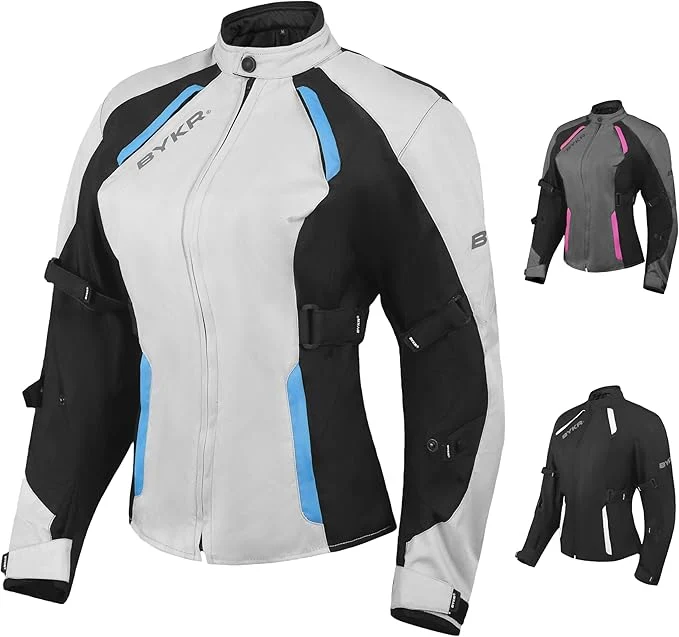 BYKR women's adventure motorcycle jacket with full CE armour set at shoulders, elbows and back