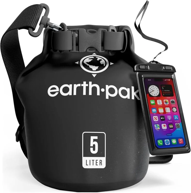 Earth Pak waterproof roll-top dry bag with shoulder strap and included phone case