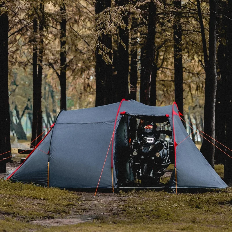 Budget motorcycle camping tent with covered bike garage