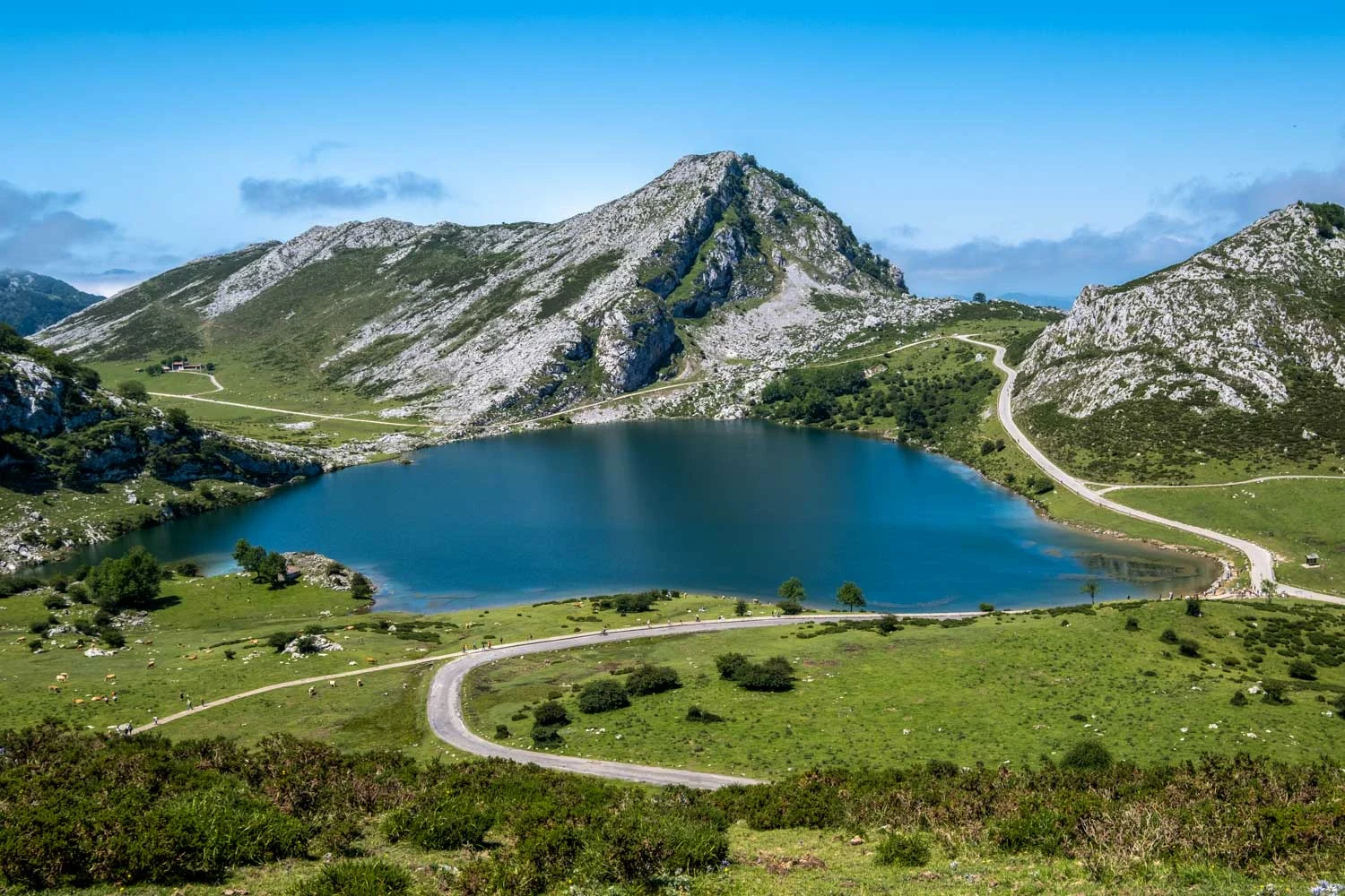 The road climbing to the Lagos de Covadonga in the Picos de Europa with peaks behind