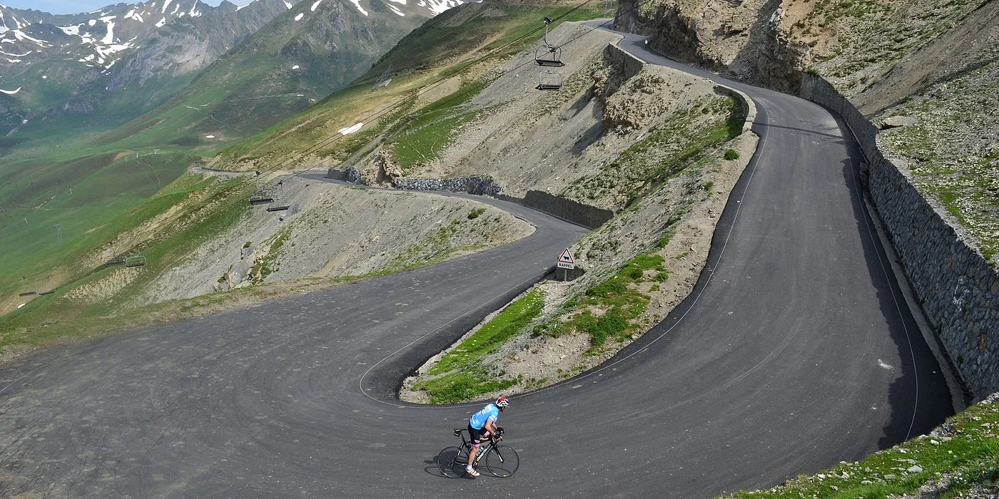 The hairpins of the Col du Tourmalet climbing through the French Pyrenees