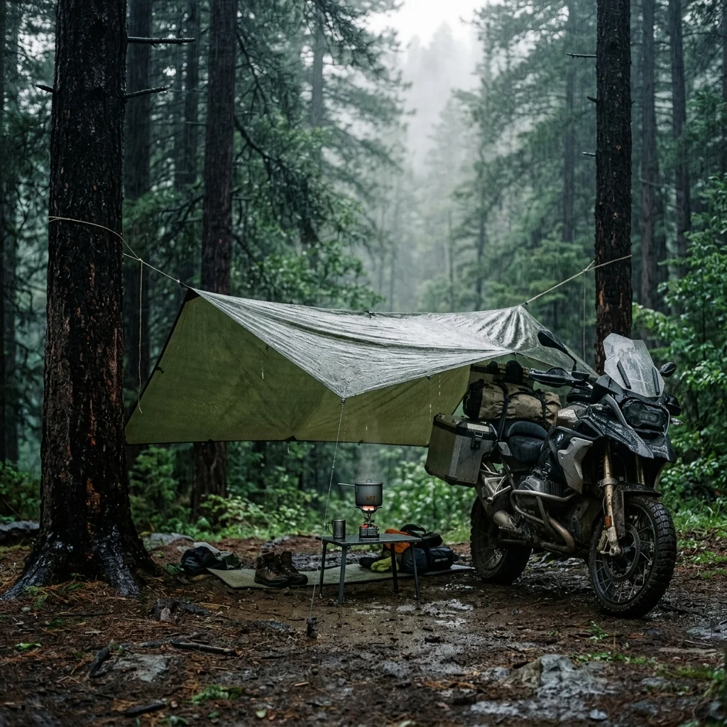 A lightweight tarp rigged between an adventure motorcycle and trees forming a dry porch over a camp stove in the rain