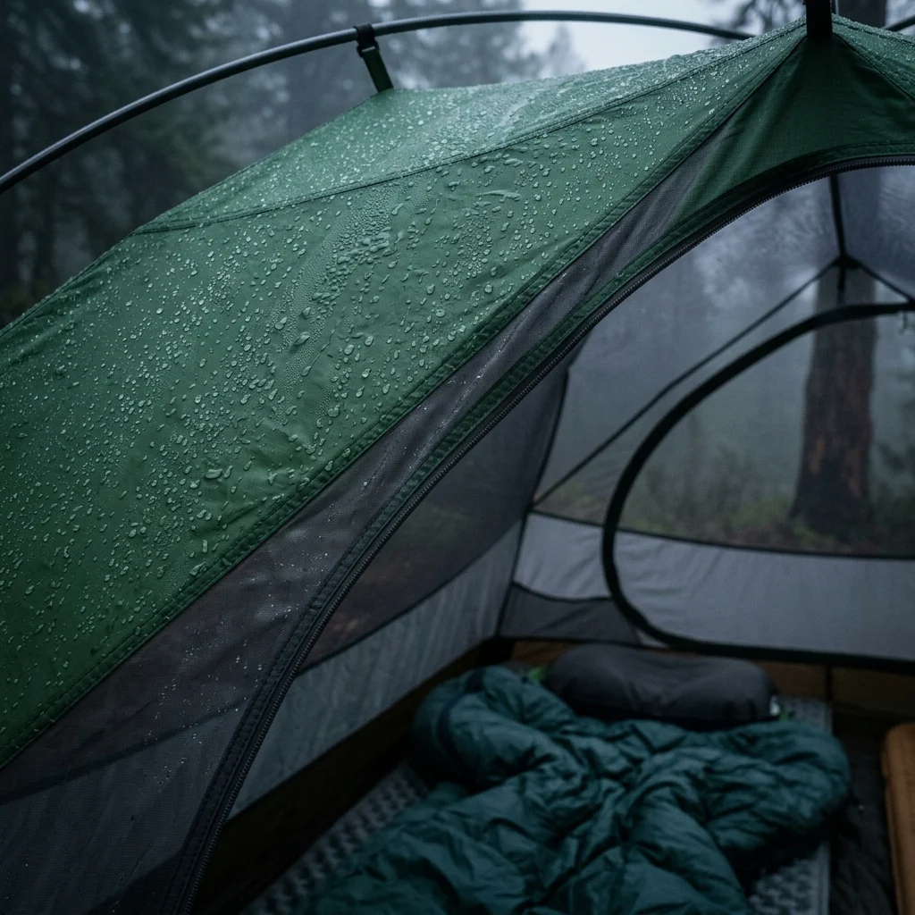 Condensation beading on the inside of a tent rainfly on a cold, damp morning above a sleeping bag