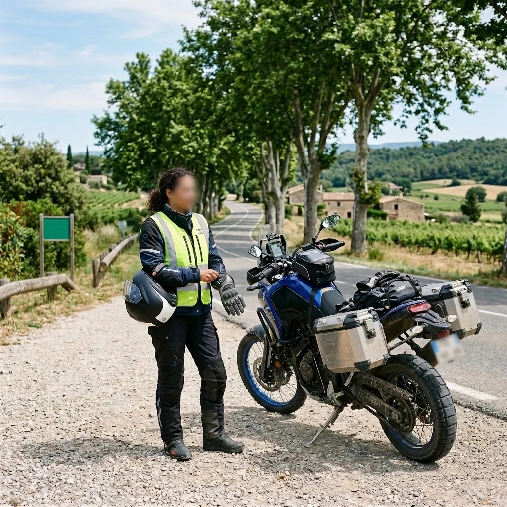 Motorcyclist wearing a CE-marked hi-vis vest and gloves at a French roadside stop