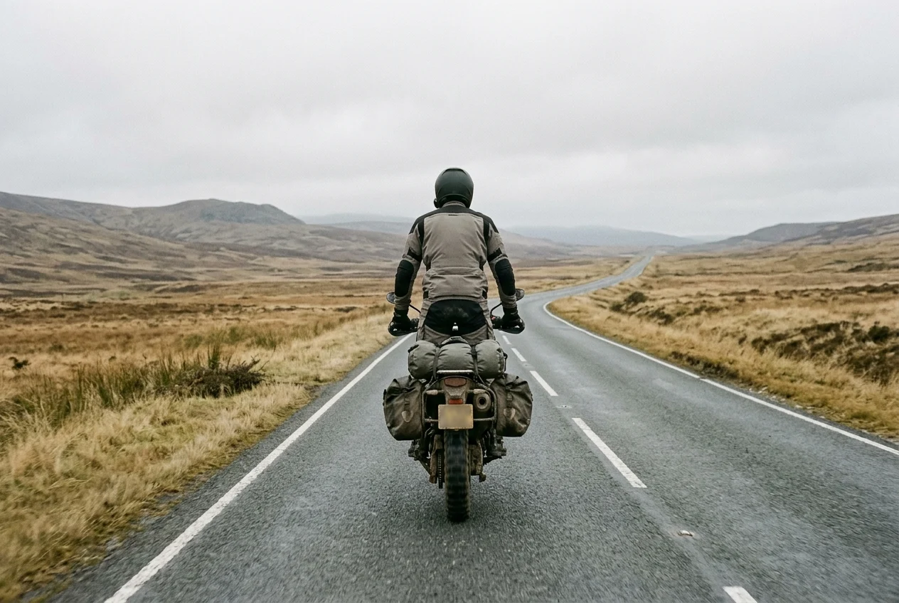 A rider standing up on the footpegs of a loaded adventure motorcycle on an empty road, weight lifted clear of the seat