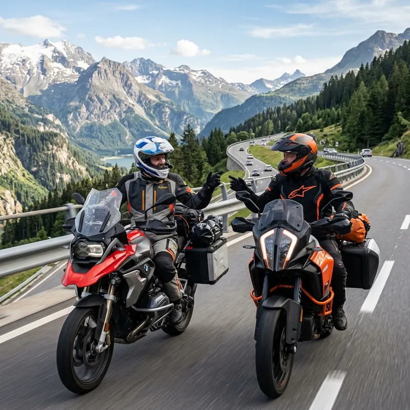 Adventure motorcycle riders communicating on a scenic mountain highway