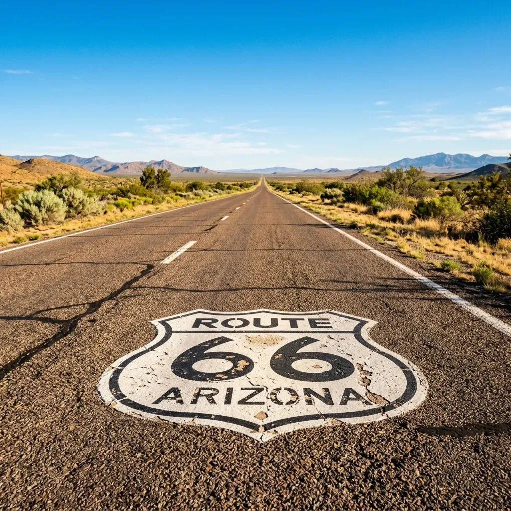Classic Route 66 emblem painted on the empty asphalt road stretching into the desert horizon