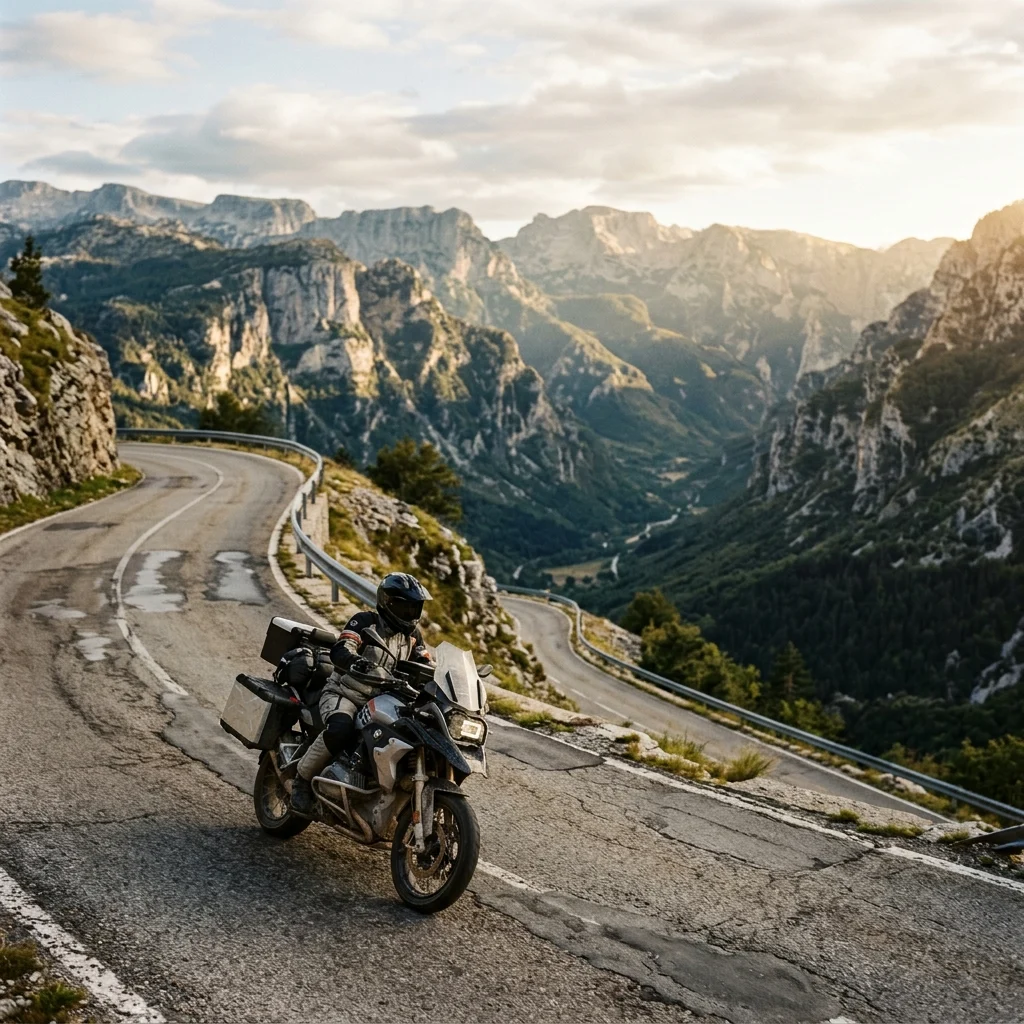 Adventure motorcycle riding an empty mountain road through the non-Schengen Western Balkans at sunset