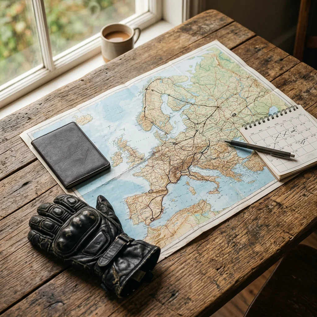 Planning a long European motorcycle trip on a paper map with a passport, riding gloves and a calendar