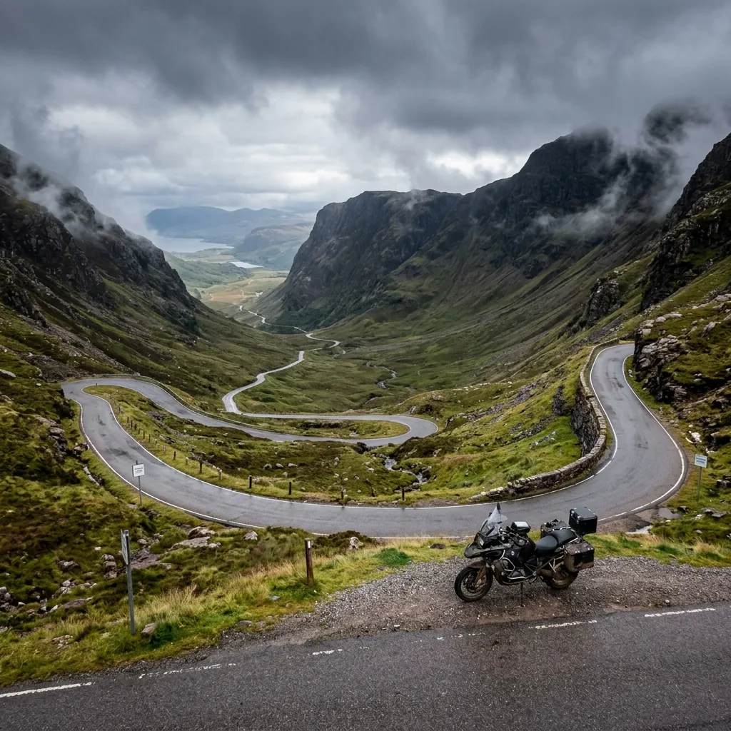 A motorcycle road winding through the atmospheric and moody Scottish Highlands valleys