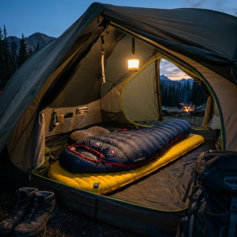 Cozy tent camping setup showing a sleeping pad and sleeping bag inside a tent