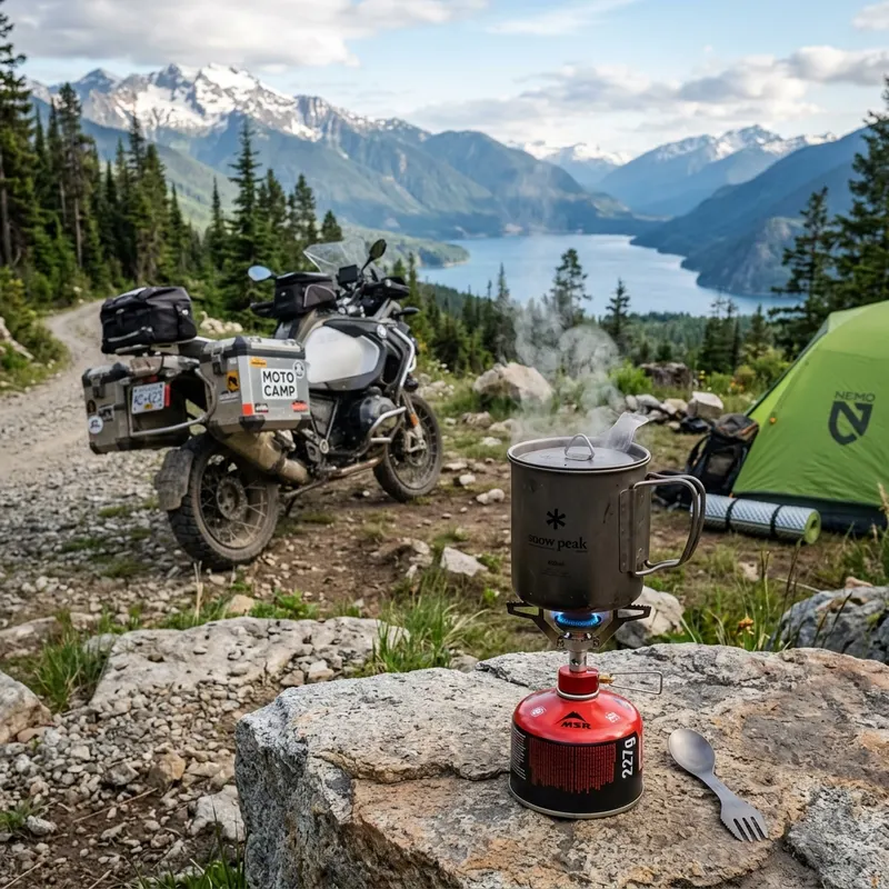 Compact canister camp stove boiling water in a titanium mug at a scenic campsite