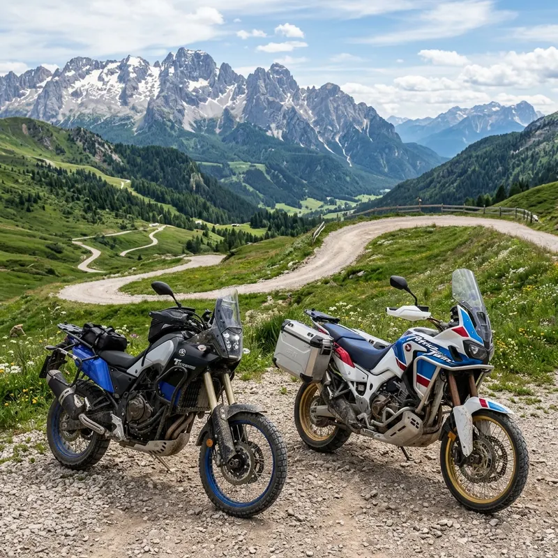Two adventure motorcycles parked on a dirt mountain pass comparing the slim Tenere 700 and larger Africa Twin