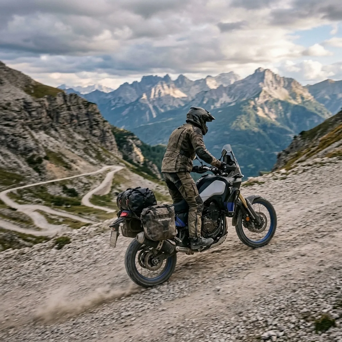 Yamaha Ténéré 700 fully loaded climbing a loose gravel mountain switchback