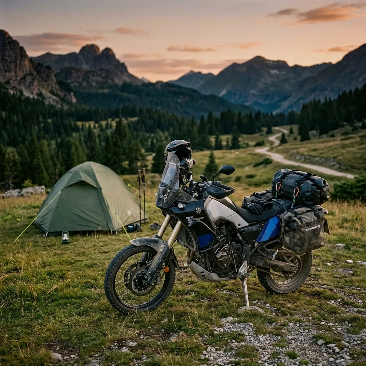 Yamaha Ténéré 700 loaded with soft luggage parked beside a tent at a remote wild camp