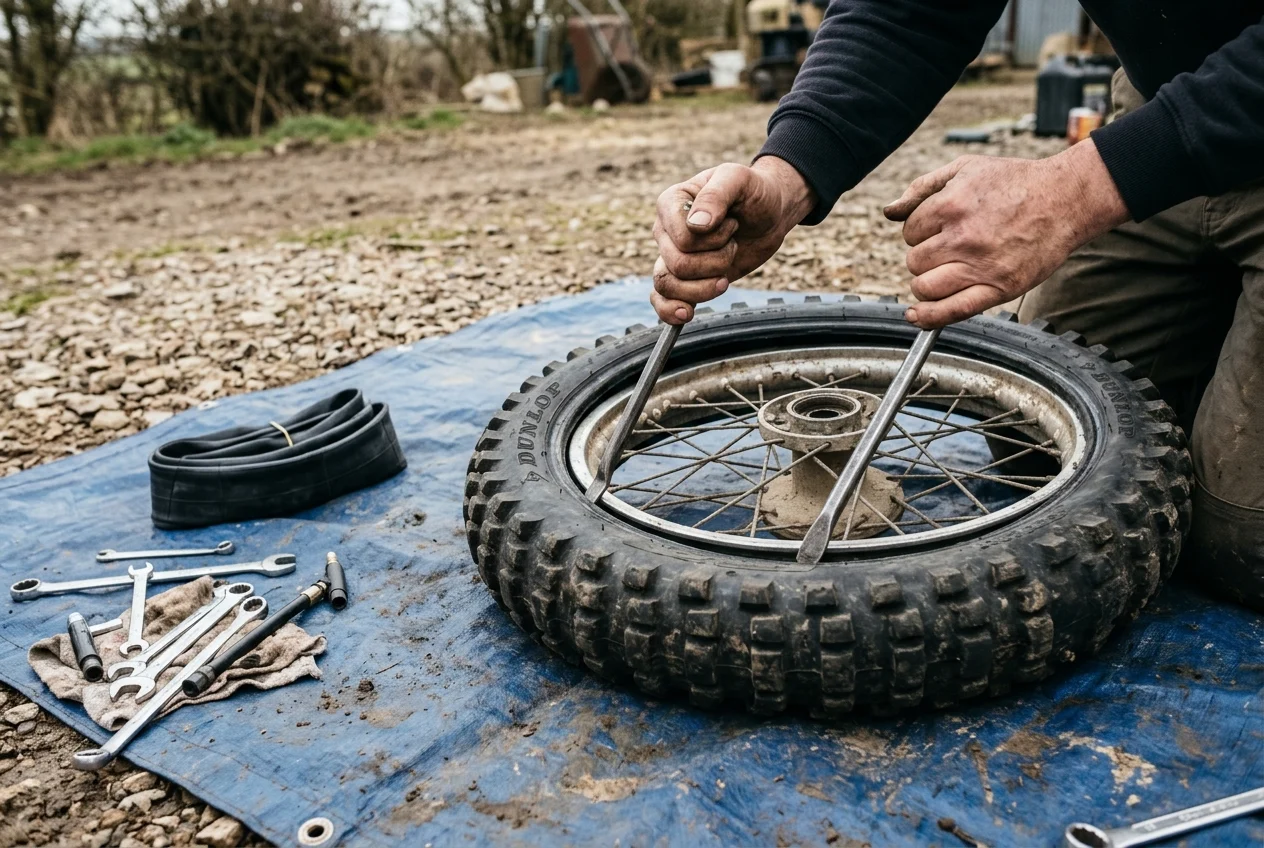 A spoked motorcycle wheel off the bike on a groundsheet, two tyre irons levering the knobbly tyre off the rim to reach the inner tube, a spare tube and tools laid out alongside
