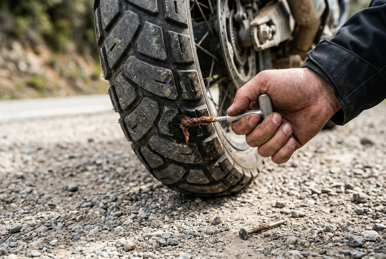 A hand pushing a sticky rope plug into the tread of a tubeless adventure motorcycle tyre with the insertion tool, the nail that caused the puncture lying on the gravel below