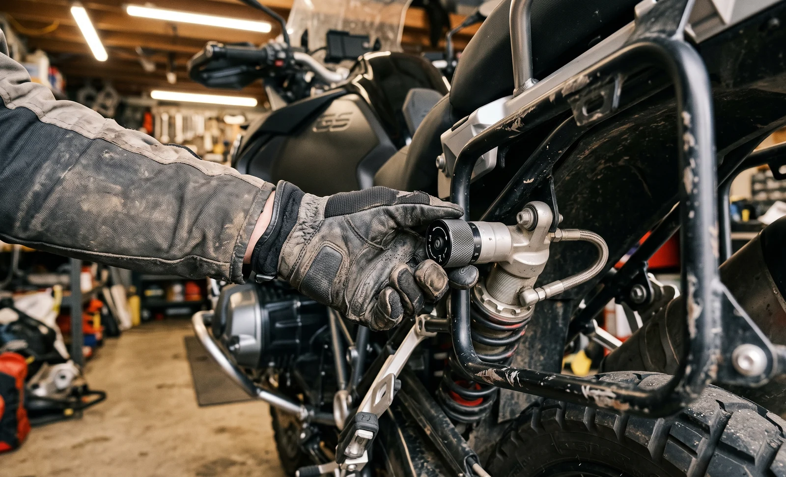 A gloved hand turning the rear preload adjuster on an adventure motorcycle before a two-up ride