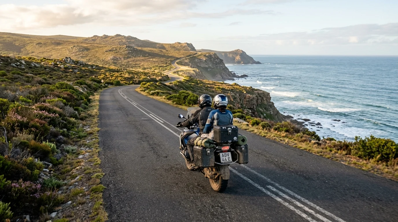 Rider and pillion on a loaded adventure motorcycle riding a quiet coastal road at sunset