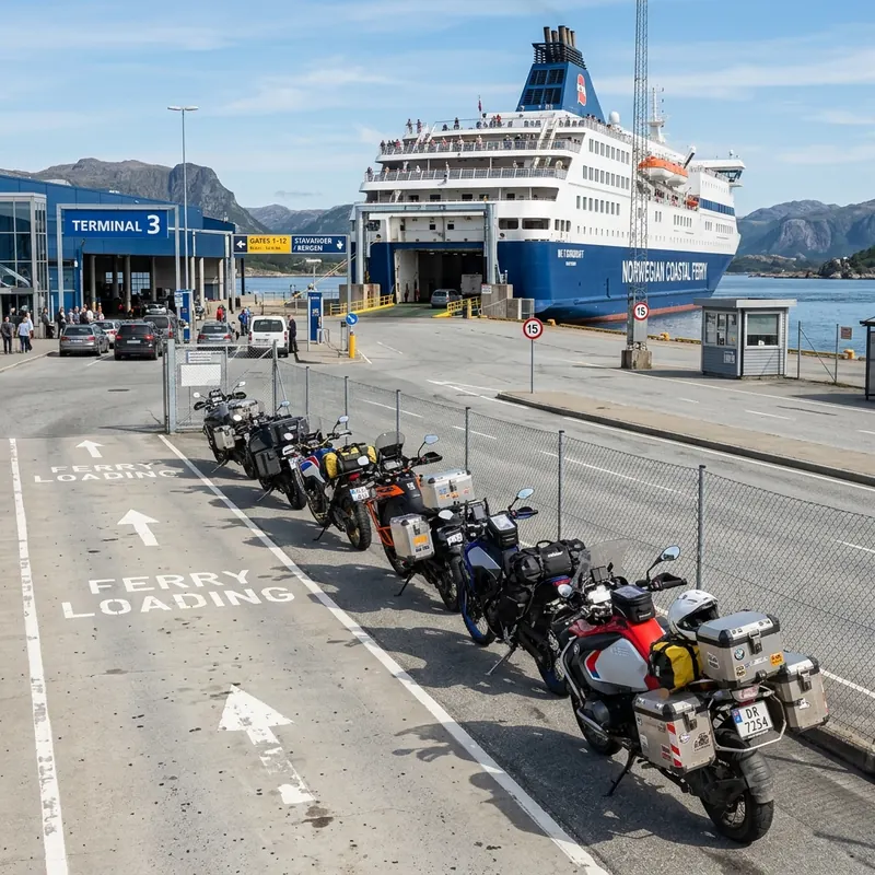 Large passenger and vehicle ferry docked in a port harbor preparing to load motorcycles and vehicles