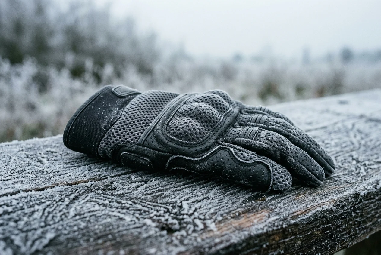 A ventilated summer motorcycle glove with mesh panels and perforated leather lying on a frost-covered surface