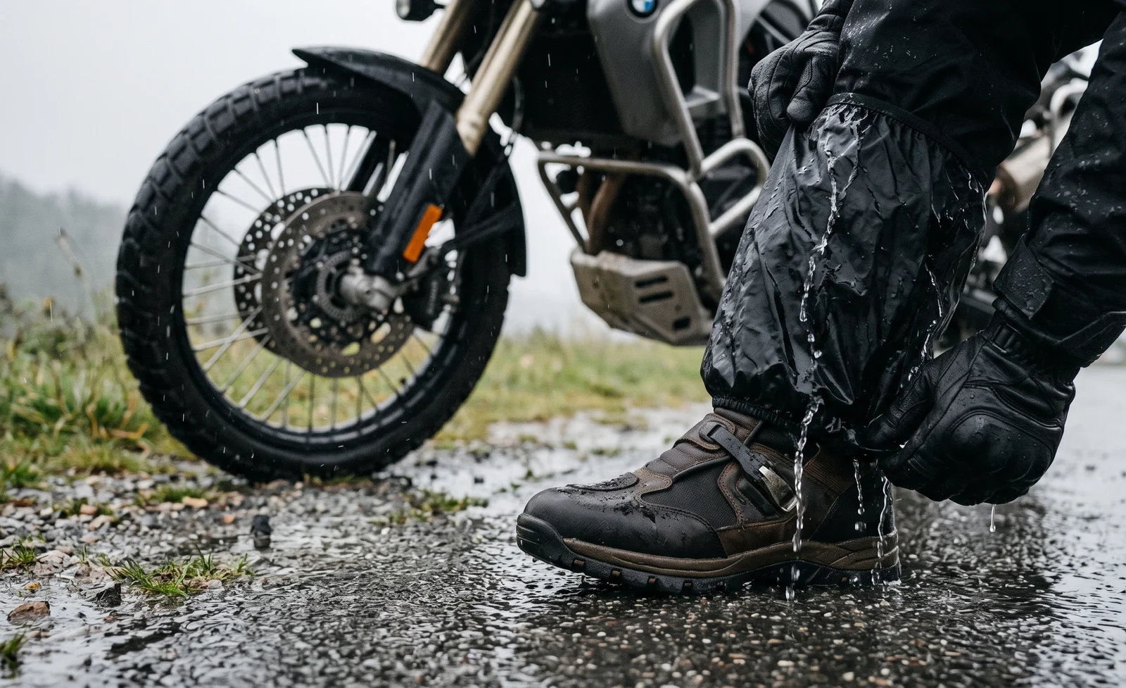 A rider pulling a waterproof rain cover over an adventure motorcycle boot at the roadside in the rain