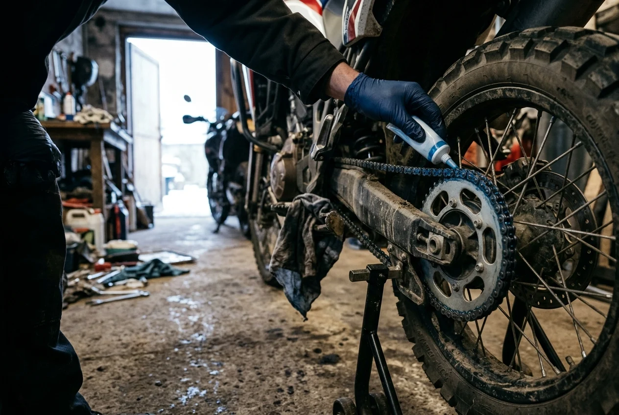 A gloved hand applying chain lube to the drive chain of an adventure motorcycle on a stand before winter storage, snow visible through the open garage door