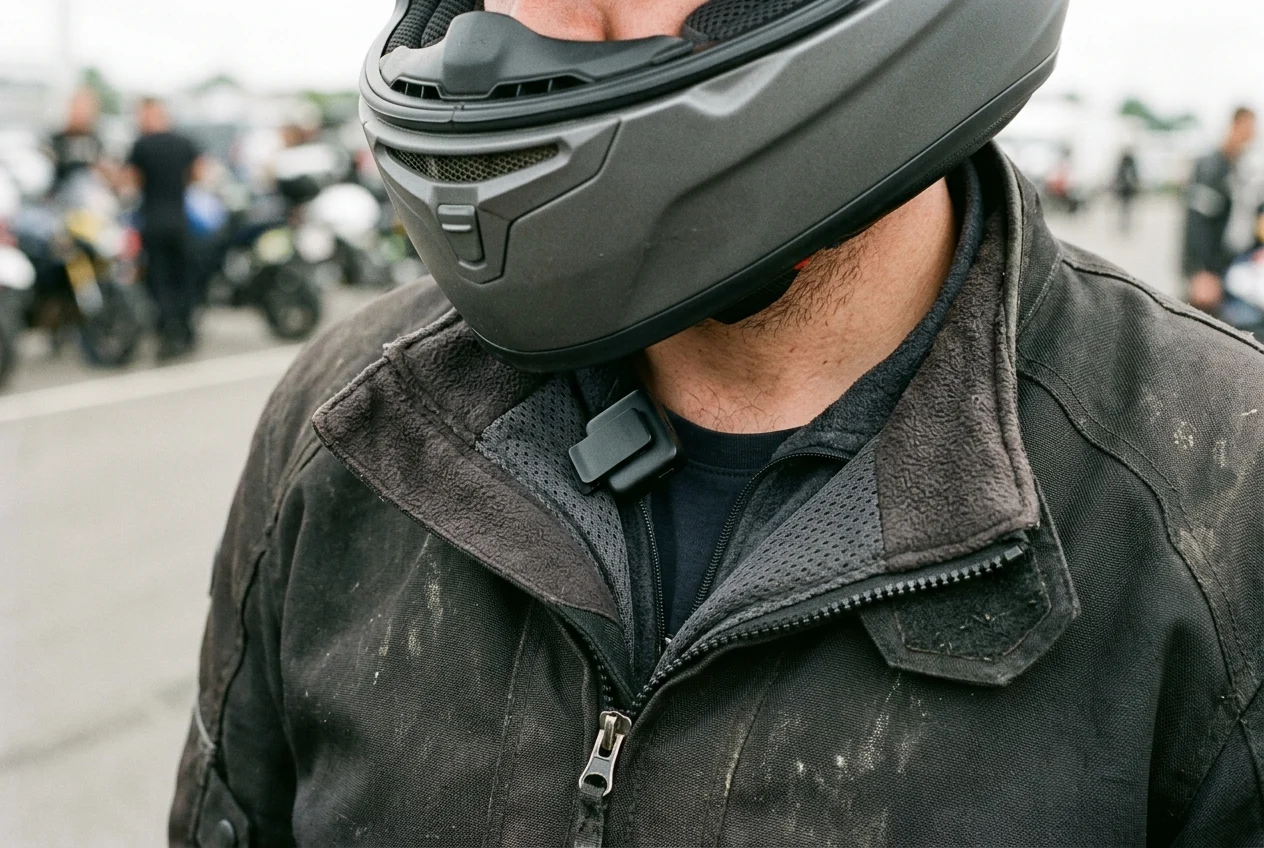 A tiny wireless microphone clipped inside the collar of a motorcycle jacket, below the chin bar of a full-face helmet