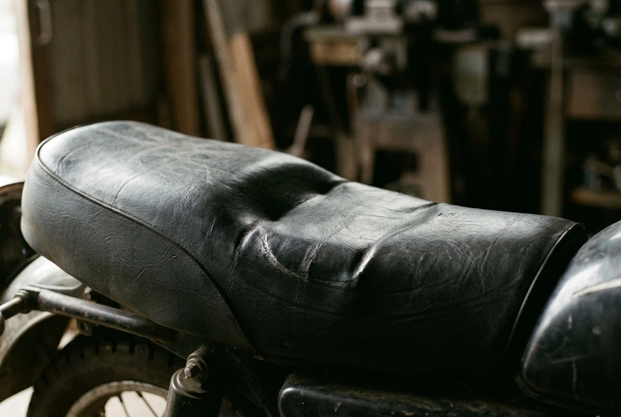 A well-used motorcycle seat in low side light, showing a shallow depression worn into the foam where the rider's weight has rested